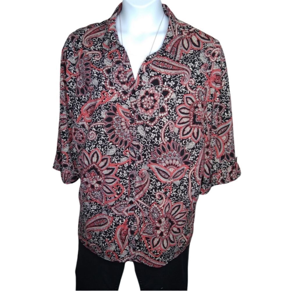 CATHERINES Silky Paisley Print Button Down  Blouse 3/4 Slv Blk/Wht/Coral Size 2X